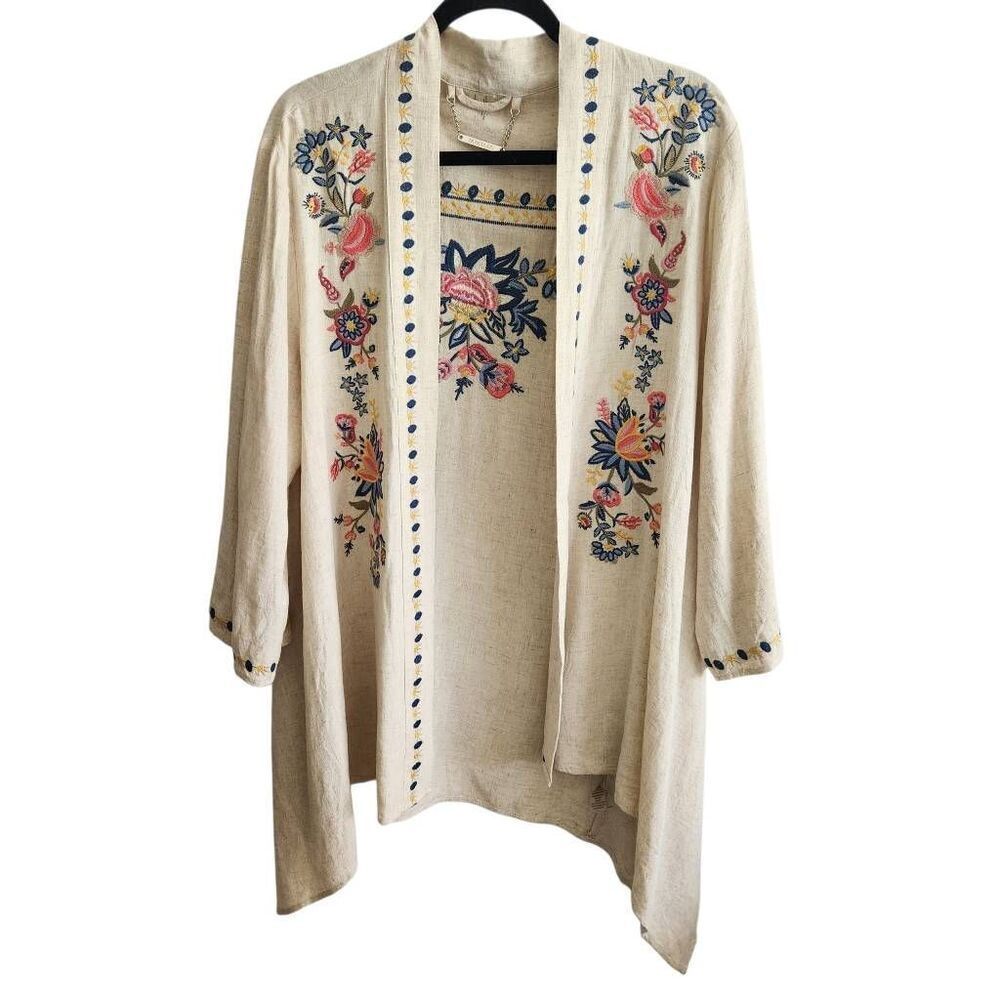 Paparazzi Cardigan Womens Large Linen Blend Embroidered‎ Floral Boho Open